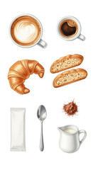 A watercolor illustration set of breakfast elements with coffee, croissant, and biscotti