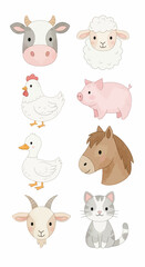Obraz premium Adorable Farm Animal Collection Cow, Sheep, Chicken, Pig, Duck, Horse, Goat, and Cat