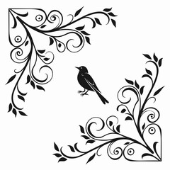 Black Silhouette Bird and Branch Corner Designs flourish