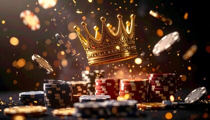 Golden crown descends amidst stacks of gambling chips and celebratory sparks
