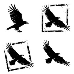 Black silhouette eagles in flight and within grunge frames