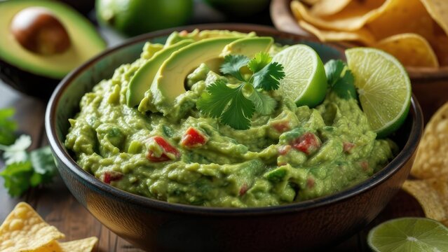 Indulge in fresh, vibrant guacamole with creamy avocado slices, zesty lime wedges, and crunchy tortilla chips perfect for any gathering.