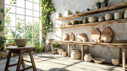 Serene ceramics studio filled with natural light, showcasing handcrafted pottery rustic wooden shelves. vibrant greenery enhances tranquil