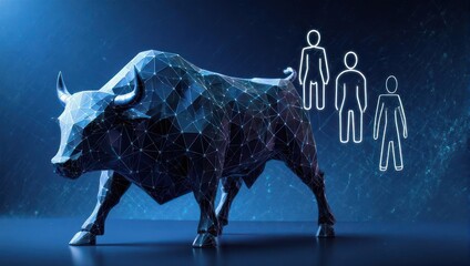 Dynamic digital bull charging forward with abstract humans symbolizing market growth and financial success in a modern business concept