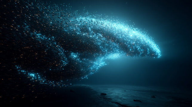 A swarm of glowing robotic fish moving as a single entity, visualizing the concept of swarm intelligence.