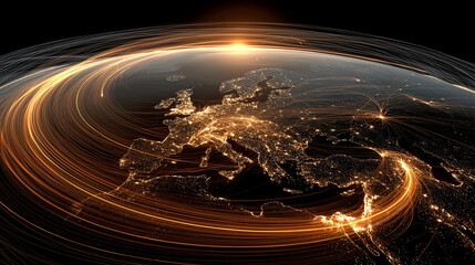 A global AI managing a perfectly synchronized network of glowing data and traffic lines across the Earth.