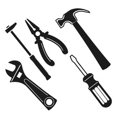 Black Silhouettes Of Hand Tools On White Background Keywords: tools, hand tools, hammer