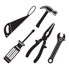 Black Silhouettes Of Hand Tools On White Keywords: tools, hand tools, hammer, screwdriver
