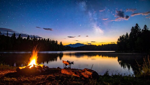 Campfire by lake at night