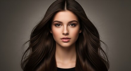 Fototapeta premium Woman with long brown hair and natural makeup, beauty portrait, hair care, cosmetics, skincare, healthy skin, attractive model, perfect complexion, glossy hair, smooth skin, hair style, beauty co