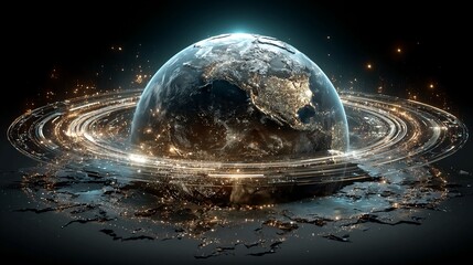Obraz premium Stunning digital globe illuminated with city lights, surrounded by glowing rings of energy, symbolizing global connection and innovation.