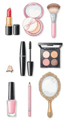Hand-drawn watercolor clip art set of makeup essentials isolated on a clean white background
