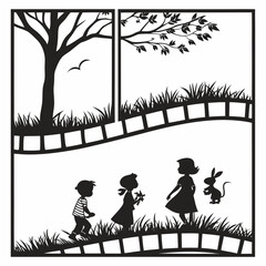 Children Walking on a Bridge in a Stylized Landscape Silhouette