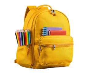 Bright yellow backpack filled with school supplies (2)