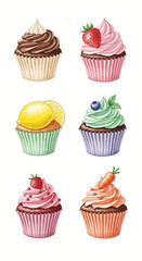 Delicious Watercolor Cupcake Collection A Delightful Assortment of Sweet Treats on White Background