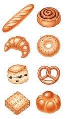 Assortment of Baked Goods Watercolor Illustrations of Baguette, Cinnamon Roll, Croissant, Biscuit, and More