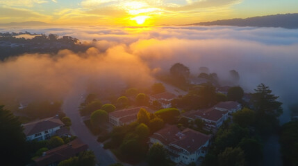 Golden sunrise over misty valley with houses and trees aerial view