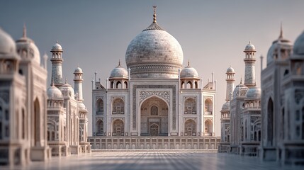 The Taj Mahal, an iconic white marble mausoleum in India, showcases intricate Mughal architecture with domes, minarets, and detailed carvings under a clear sky.