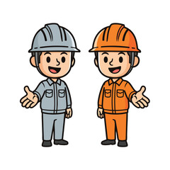 Two friendly cartoon construction workers in grey and orange safety uniforms and hard hats.