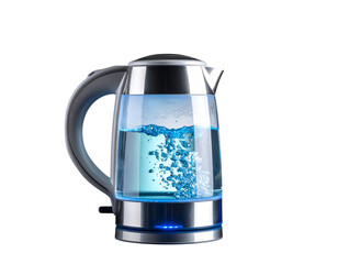 “Glass Electric Kettle with Blue LED Light, isolated on a transparent background”.