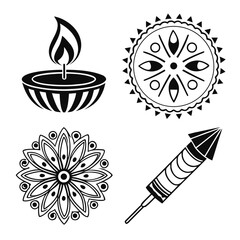 Diwali Icons Including Oil Lamp Rangoli and Firecracker
