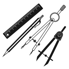 Drafting Compass Ruler and Pencil Silhouette Set drawing