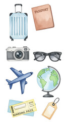 Watercolor Travel Essentials A Charming Clip Art Set Featuring Suitcase, Camera, and Passport, for your holiday