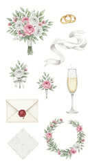 Elegant Wedding Watercolor Clip Art Set Bouquet, Rings, Champagne, and Floral Elements for Invitations
