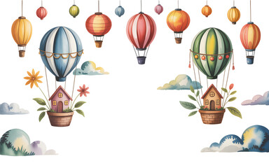 Fototapeta premium Watercolor Whimsical Hot Air Balloons with Tiny Houses Floating Among Clouds Dreamy Sky Scene Illustration for Children's Decor and Nursery Art Prints