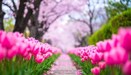 Pink tulips and cherry blossoms