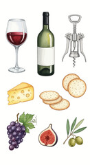 Watercolor illustration of a wine bottle, glass, and food items for a sophisticated gathering