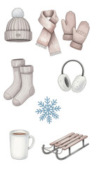 Cozy Winter Accessories Watercolor Set Beanie, Scarf, Gloves, Socks, Earmuffs, Snowflake, Sled & Mug