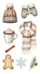8-piece watercolor clip art set of winter hygge knit hat, mittens, scarf, mug of cocoa, cinnamon stick, gingerbread cookie, snowflake, and pine twig