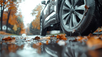 Car wheel on wet autumn road with fallen leaves and reflections in puddles after rain