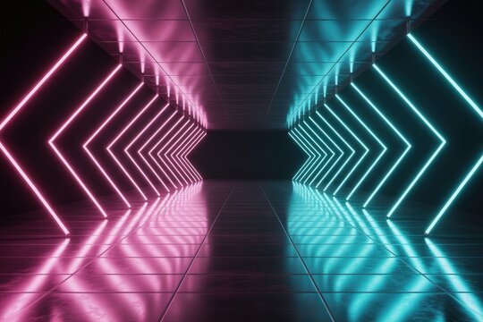 A futuristic tunnel with glowing neon arrows creates an abstract perspective - Powered by Adobe