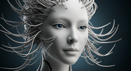 Photorealistic AI generated portrait of a futuristic humanoid figure with bright blue eyes.