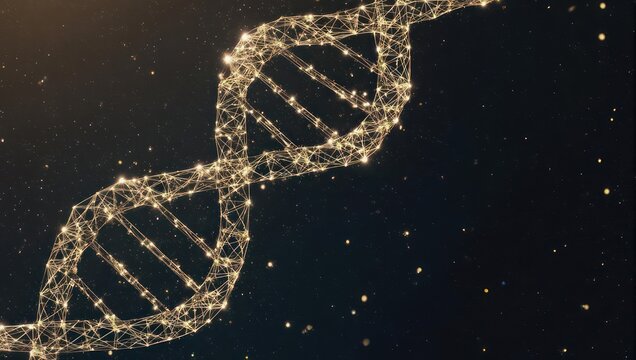 Illuminated DNA strand with glowing particles floating in space, perfect for scientific research and medical innovation concepts