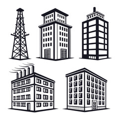 Five black and white building and tower silhouettes