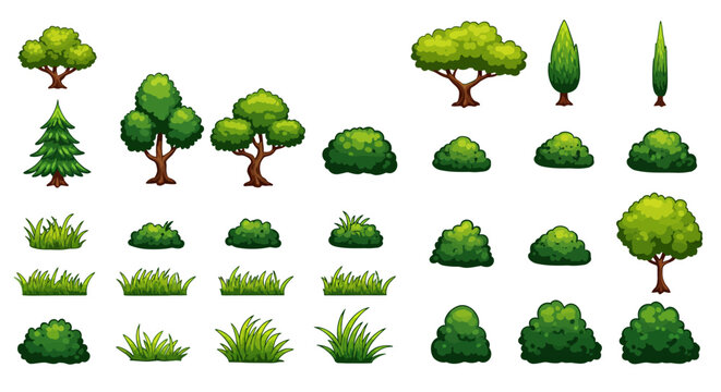 A collection of pixel art trees, bushes, and grass rendered in a cartoon style, showcasing various shapes and sizes on a white background.