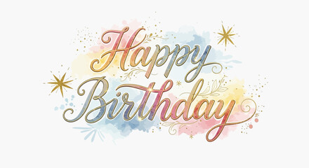 Elegant brush script 'Happy Birthday' message with soft watercolor background and shimmering golden accents