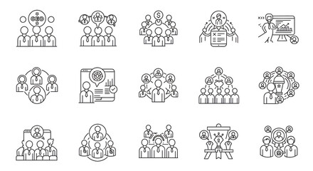 Dynamic Business Teamwork and Leadership Line Icons A Collection Symbolizing Collaboration, Strategy, Meetings, and Organizational Success Concepts