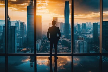 Fototapeta premium Businessman standing in front of window with city skyline at sunset looking out over skyscrapers symbolizing success and corporate growth business, concept for setting goals and growing business