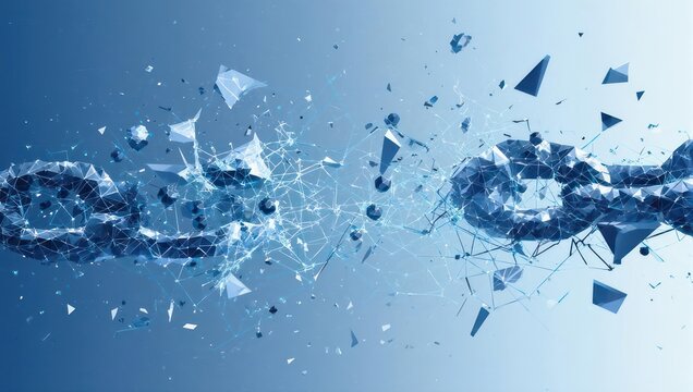 Blockchain concept breaking apart with data flowing through a network, illustrating security, technology, and digital transformation