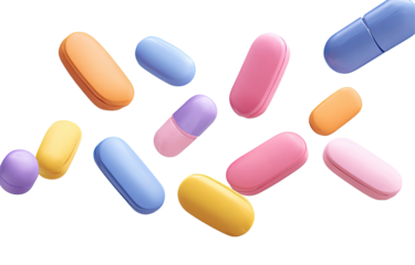 Colorful pills scattered in a dynamic pattern