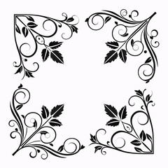Four Decorative Corner Flourishes with Leaves and Swirls