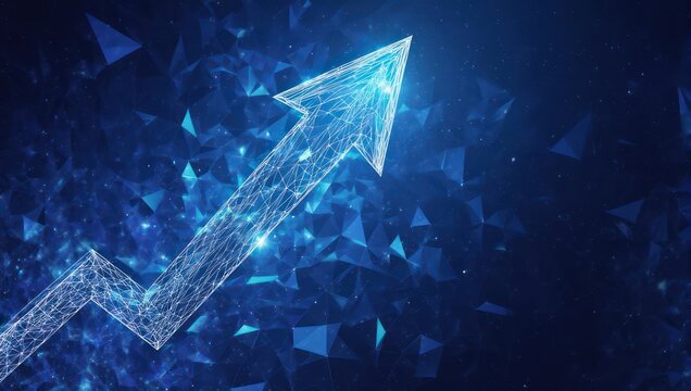 Dynamic arrow graphic symbolizing growth and success against a vibrant blue digital background, perfect for business and finance concepts