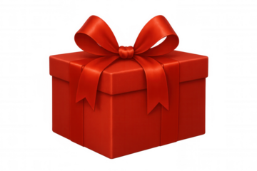 Elegant red present box with decorative satin ribbon and big bow, isolated on transparent background for festive design use