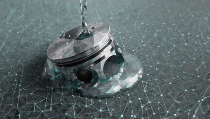 Dynamic abstract piston design with digital network overlay, perfect for automotive, technology, and future innovation concepts