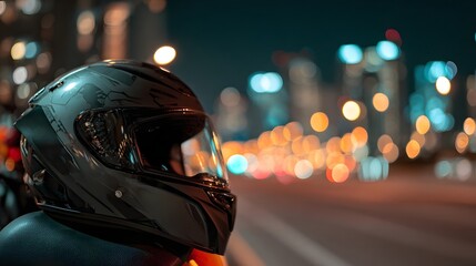 Fototapeta premium Motorcycle Helmet on Seat with Blurred City Lights – Bold Modern Biker Lifestyle Photo