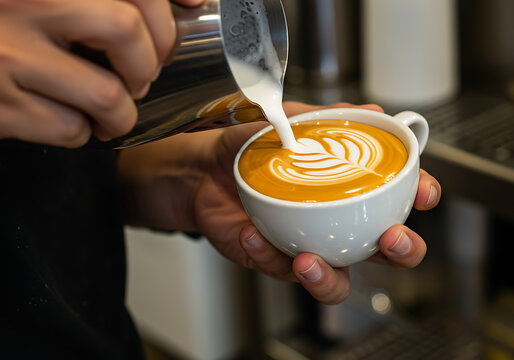 Barista pouring steamed milk into a cup of coffee, creating latte art. The drink is in a white cup.